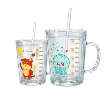 Imagem de Kit 2 Caneca 350ml Medidora Infantil Vidro Copo Alça Bebidas Multiuso 
