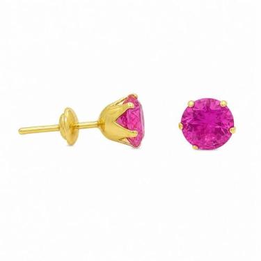Imagem de Brinco em Ouro 18K com Zircônia Redonda Rosa - Joia Elegante - Justino