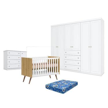 Imagem de Kit Quarto de Bebê Americano 6 Portas Q Encanto 3820 Retrô MDF Colchão Incluso Freijó e Branco Qmovi