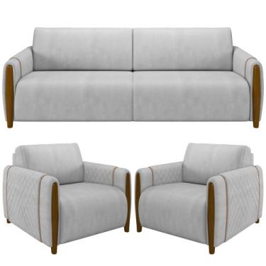 Imagem de Kit Sofá 03 Lugares Sala Estar 223cm Com 02 Poltronas Flora Pés Madeir