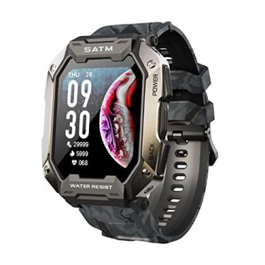 Imagem de Smartwatch esportivo para homens, 4,75 cm Full Touch Screen Bluetooth Square Relógio de pulso militar com monitor de oxigênio sanguíneo de frequência cardíaca Pedômetro IP68 à prova d'água compatível iOS Android (camuflagem preta)