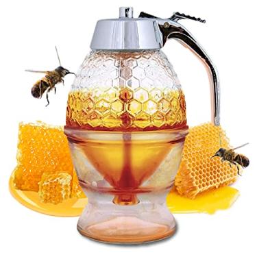 Imagem de dispensador de xaropes,Dispensador de mel, plástico com dispensador de mel de armazenamento sem gotejamento de vidro com tampa de aço inoxidável, para recipientes de pote de mel, dispensador de mel, dispensador de xaropes, plástico com Storhoney