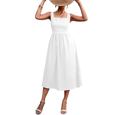 Imagem de Vestido feminino decote quadrado, vestidos maxi de verão, cor sólida, sem mangas, vestido casual solto com fecho de correr para uso diário, festa(L-Branco)
