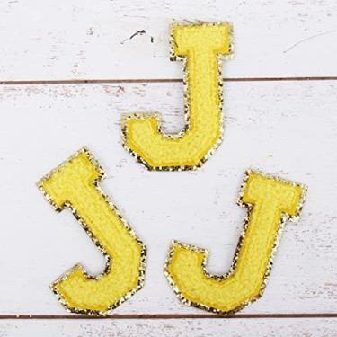 Imagem de Pacote com 3 adesivos de Chenille Iron On Glitter Varsity Letter 5 cm de altura "J" - Tecido de chenille amarelo com acabamento em glitter dourado - Costurar ou passar a ferro - 5 cm YEL J