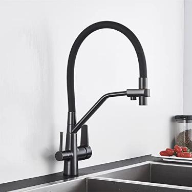 Imagem de Torneira de pia de cozinha torneira misturador de filtro de água pura guindaste duplo alças de purificação torneira de cozinha quente e fria, preto fosco B, China