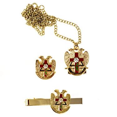 Imagem de Rose Croix Cross 32º Graus Rito Escocês Tie Bar Lapela Pin Colar Maçônico Combo, Metal, Não conhecido