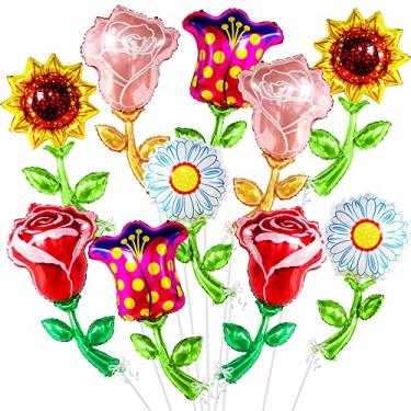 Imagem de Balões de flores coloridas de 94,5 cm – Pacote com 10 | Balões florais de Mylar, decorações de primavera | Balões de rosa e vermelha, decorações de festa de primavera | Decorações de balões de primavera de tulipa, girassol