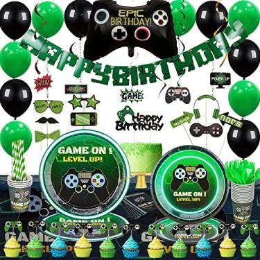 Imagem de Kidohub Video Game Birthday Party Supplies 2 sets in 1: Video Game Decorations & Party Tableware, Table Cover, Birthday Banner, Balloons, Toppers, Photo Props, Hanging Swirls, 194 Pcs Serves 16 Guests