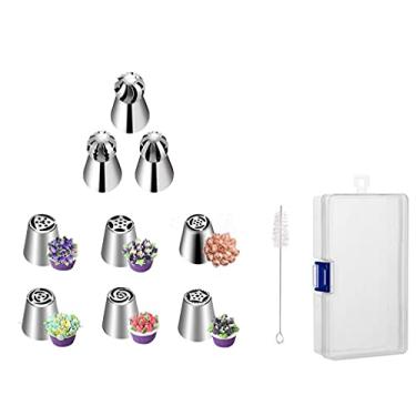 Imagem de 9 peças de pontas russas para confeitaria, conjunto de suprimentos de confeitaria para decoração de bolos/cupcakes, festa de aniversário, kit de suprimentos de decoração de flores com uma caixa de armazenamento e uma pequena escova de limpeza