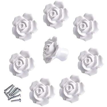 Imagem de Puxadores de mão, puxadores de cerâmica rosa elegantes com flores para armários e armários e puxadores de gaveta + enfeite de maçaneta de móveis com parafuso (8 peças) (brancos)
