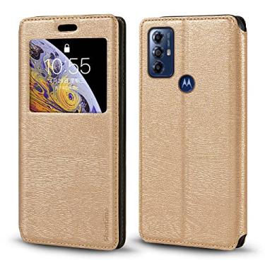 Imagem de Capa para Motorola Moto G Play 2023, capa de couro de grão de madeira com porta-cartão e janela, capa flip magnética para Motorola Moto G Play Gen 2 (6,5 polegadas), ouro
