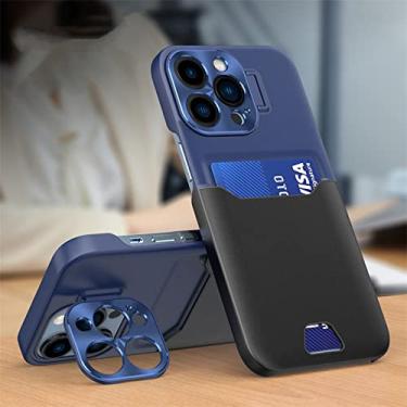 Imagem de Capa de telefone de suporte de cartão de couro de luxo com slot invisível para iPhone 14 13 12 Pro Max Mini capa protetora de lente de metal, azul escuro, preto, para iPhone 14 Plus
