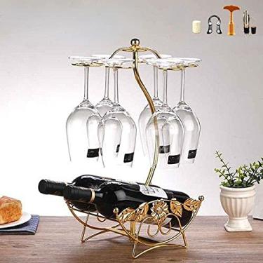 Imagem de jowoenmy Prateleira de vidro para pendurar estilo europeu, prateleira invertida, prateleira de vidro de vinho, suporte independente para exibição de vidro de vinho, pode conter 2 garrafas e 6 xícaras - bronze dourado Olivetreetwobottlesofgold