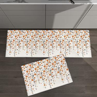 Imagem de Conjunto de 2 tapetes de cozinha com estampa floral primavera verão laranja cinza para tapetes acolchoados e tapetes antiderrapantes absorventes corredor confortável tapete de pé