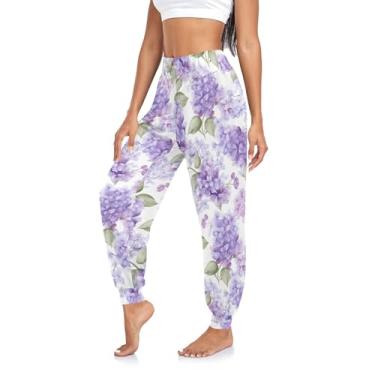 Imagem de CHIFIGNO Calça de moletom feminina harém para ioga, calça jogger, casual, solta, Flores lilás em aquarela, P