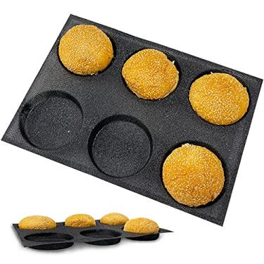 Imagem de Forma de coque de hambúrguer antiaderente de silicone para assar formas de pão de hambúrguer, ótimos moldes de padaria perfurados para pães sem glúten (6 pães, 39 x 28 x 0,198 cm)