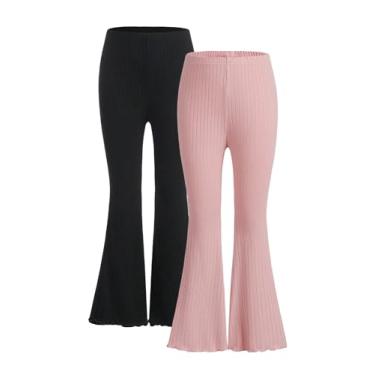 Imagem de COZYEASE Conjunto de 2 calças flare femininas de malha canelada cintura alta elástica conjunto de calças compridas calças de sino, Rosa e preto, 10 Anos
