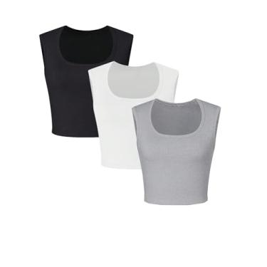 Imagem de MakeMeChic Pacote com 3 regatas femininas com gola quadrada, malha canelada, sem mangas, camisetas, Preto, branco, cinza, G