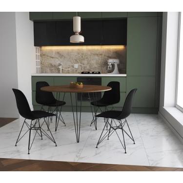 Imagem de Mesa de Jantar Redonda 90cm Amêndoa Clips 3 Pés Preto com 4 Cadeiras Pretas Eames Eiffel