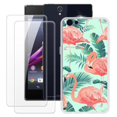 Imagem de MILEGOO Capa para Sony Xperia Z L36H + 2 peças protetoras de tela de vidro temperado, capa de TPU de silicone macio à prova de choque para Sony Xperia Z L36H (5 polegadas) Flamingo