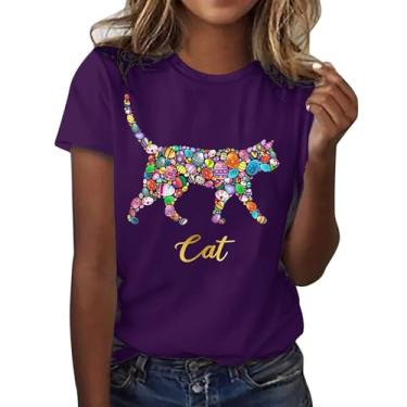 Imagem de PKDong Camisetas femininas de Páscoa com estampa de gato, coelhinho da Páscoa, gola redonda, manga curta, camiseta fofa, Roxa, M