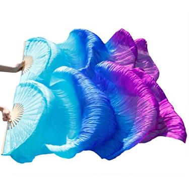 Imagem de Nimiman 1 par feminino (esquerda + direita) de seda para fãs de dança do ventre véu dança do ventre leques dobráveis longos comprimento 180 cm largura 90 cm (azul turquesa roxo)