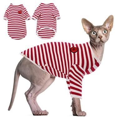 Imagem de DENTRUN Camisa de Gatos Sem Cabelo, Roupas de Gato, Colete Listrado, Melhor Roupas de Gato Sem Cabelo, Pijama de Gato Para Todas as Estações, Macio e SuaveDENTRUN xl C34-DENTRUN-sphinxshirt4-red-xl