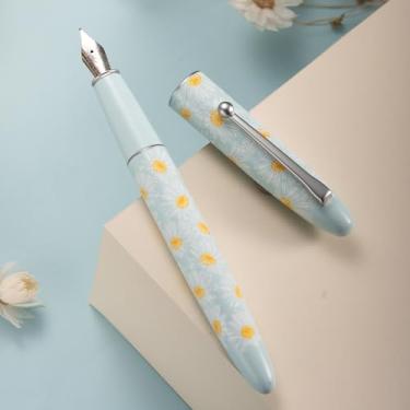 Imagem de HONG DIAN Caneta-tinteiro C3, irídio, ponta macia extrafina, entalhe de nó chinês, azul claro e desenho de pintura de margarida pequena com conjunto de caixa de metal