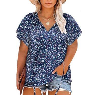 Imagem de Halife Blusas femininas plus size boho estampa floral gola V casual verão blusas camisas, Floral, azul marinho, 4G
