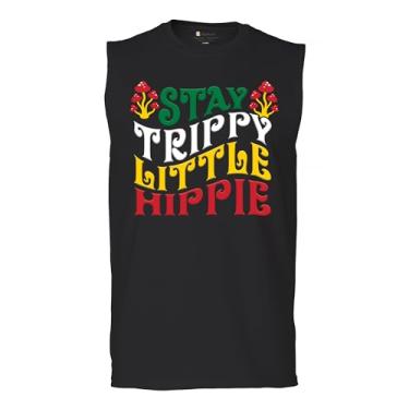 Imagem de Camiseta masculina Stay Trippy Little Hippie Puff Print Hippies Vintage Peace Love Happiness Retro 70s Cogumelos, Preto, M