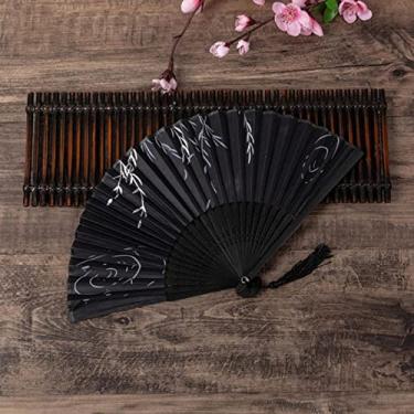 Imagem de YQHWLKJ Ventilador dobrável estilo chinês vintage, ventiladores de mão de pano de bambu, decoração de casa, presentes de casamento, festa de dança, ventiladores portáteis
