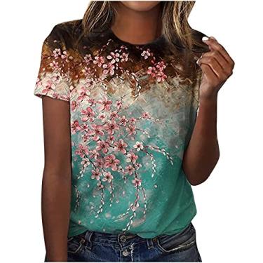 Imagem de MaMiDay Blusas florais modernas femininas gola redonda verão camiseta casual solta caimento elegante 2024 camisetas de manga curta, Marrom, 4G