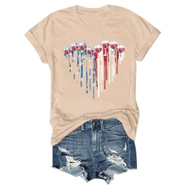 Imagem de Camisetas patrióticas femininas Dia da Independência 4 de julho top bandeira americana coração gráfico túnica 2024 verão moderno blusa, Bege, GG