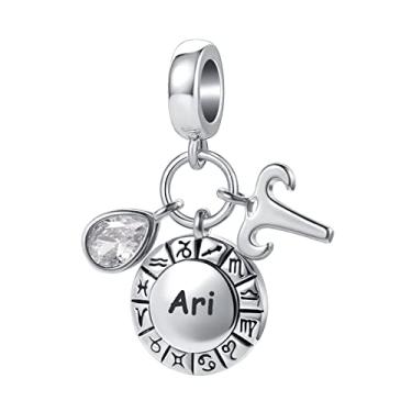 Imagem de YSAHan 12 signos do zodíaco, feliz aniversário, constelações, berloque de pedra do mês de nascimento para pulseira Pandora, Metal Cristal Strass, Base