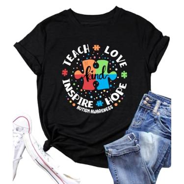 Imagem de Camisetas femininas Autism Awareness Teacher Be Kind Teach Hope Love Inspire Graphic Tops, Preto, P