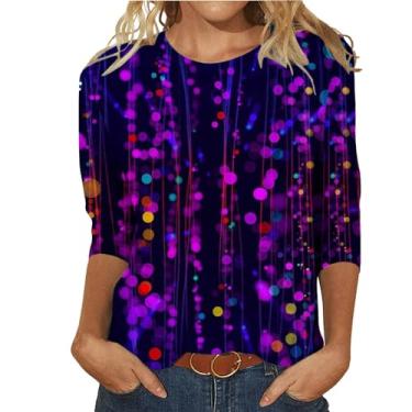 Imagem de Blusas femininas de manga 3/4 de comprimento gola redonda blusas florais modernas de férias blusas florais folgadas camisetas modernas, Laranja, M