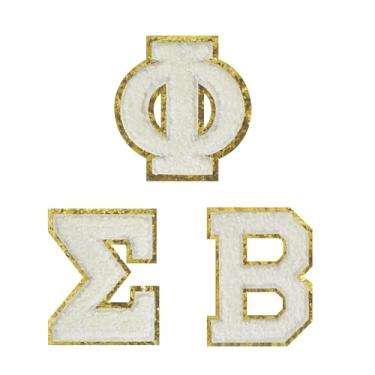 Imagem de FLIXLEAP 3 peças Patches de letras gregas Phi Beta Iron on Patches Sigma White Chenille Presentes perfeitos para irmandade branco ferro em letras remendos para jeans, roupas, chapéus, bolsas, reparo