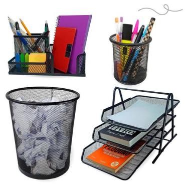 Imagem de Kit Escritório Organizador Bandeja Lixeira Porta Lápis Lixo Preto - Ma