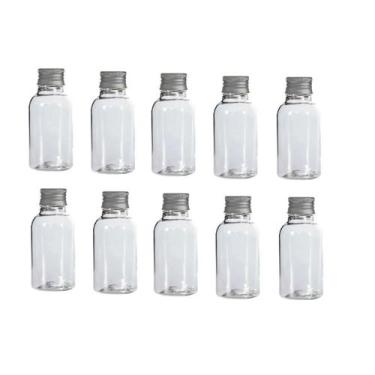 Imagem de Kit 10 Mini Garrafinhas De Plástico 10ml c/ Tampas de metal Prata - Ly