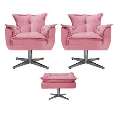 Imagem de Kit 02 Poltronas e Puff Opala Base Giratória de Metal Suede Rosa Bebê 