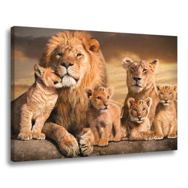 Imagem de Quadro Decorativo Familia Leões Com 4 Filhotes Leão Leoa Tela Grande S