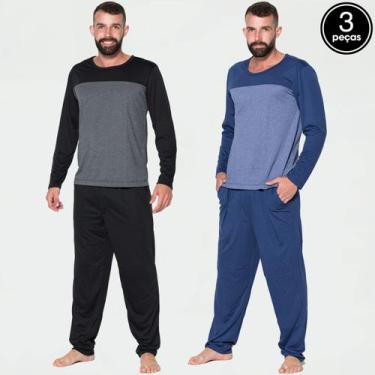 Imagem de Kit 3 Pijamas Inverno Masculino Longo Bicolor Calça e Blusa - WLS Moda