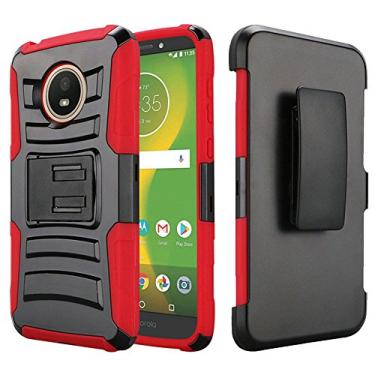 Imagem de AMZER Capa protetora fina híbrida com suporte de camada dupla e clipe de cinto para Motorola Moto E5 Play – Capa híbrida preta/vermelha com clipe de cinto