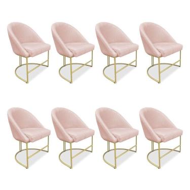 Imagem de Kit 08 Cadeiras Poltrona De Jantar Bela Suede Base Metálica Industrial Dourado Pallazio Rosa Bebê