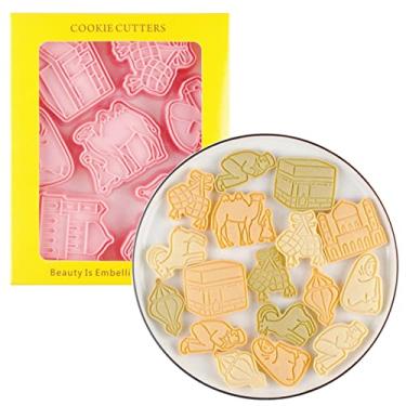 Imagem de 8 peças de cortadores de biscoito bonitos Eid Mubarak de plástico carimbos de biscoito de molde de biscoito menor Bairam molde de biscoito Eid al-Fitr Conjunto de moldes de biscoito ferramentas de cozinha (camelo)