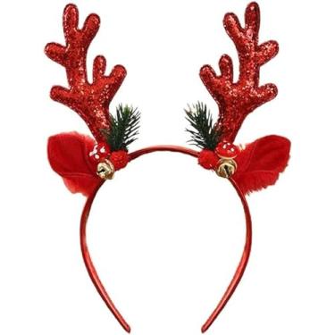 Imagem de Diowino Bandanas vermelhas de Natal com chifres de alce, faixa de cabelo de urso de pelúcia com sinos, cobertura completa de glitter vermelho, faixas de cabelo de Natal, presente de festa de Natal