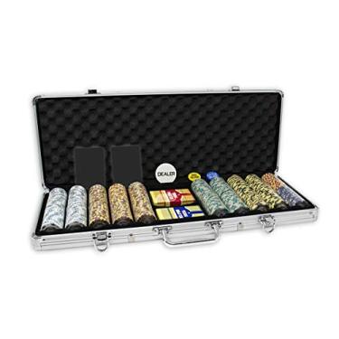 Imagem de Monte Carlo Poker Club Conjunto de 500 fichas de 3 tons de 14 gramas com caixa de alumínio atualizada, 2 baralhos de cartas de plástico, 2 cartas cortadas, revendedor e botões cegos