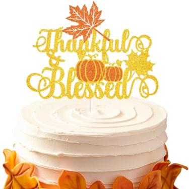 Imagem de Thankful Blessed Cake Topper - Give Thanks - Happy Friends Giving - Feliz Dia de Ação de Graças Placa de Bolo Topper Folhas de Bordo Outono Ação de Graças Topo de Bolo Dourado Glitter