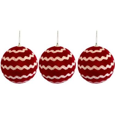 Imagem de Jogo Com 3 Bolas de Natal Ø 12cm Vermelha Camurça Decorada - Zona Livr