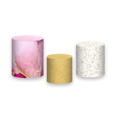 Imagem de Trio De Capa Cilindro - Efeito Marmorizado Rosa com Flores Douradas 03